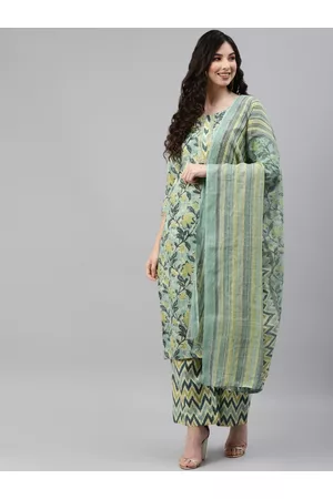RAJGRANTH Women Turquoise Blue Floral Printed Pure Cotton Kurta with Palazzos & With Dupatta