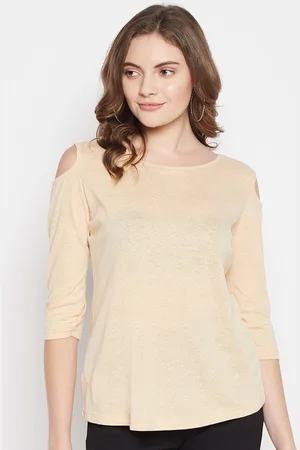 CANTABIL Women Beige Solid Cold Shoulder Sleeves Top