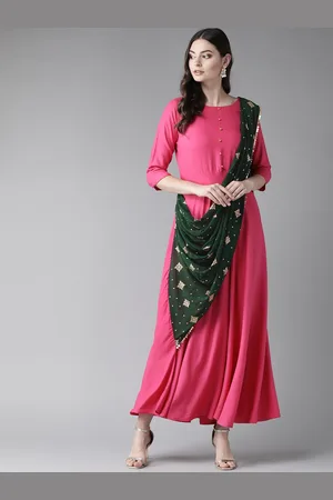 Ahalyaa Women Pink & Green Solid Maxi Dress With Attached Dupatta