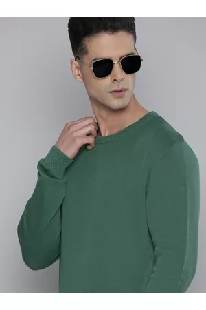 Flying Machine Men Green Ribbed Pure Cotton Pullover