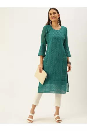 SWAGG INDIA Women Green Ethnic Motifs Embroidered Bell Sleeves Chikankari Straight Kurta
