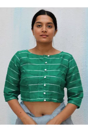 Chidiyaa Women Green Handwoven Linen Saree Blouse
