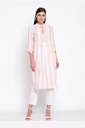 BE INDI Women Mandarin Collar Striped Straight Side Slits Festive Kurta