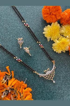 Digital Dress Room Gold-Plated White & Black Stoned & Beaded Mangalsutra With Earrings