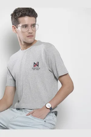 Nautica Men Grey Melange Brand Logo Printed Pure Cotton T-shirt