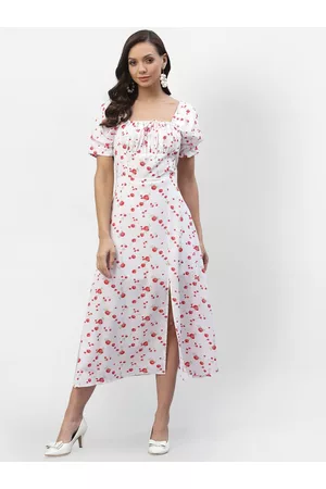 Aayu Women Pink Floral Crepe Front Slit Midi Dress