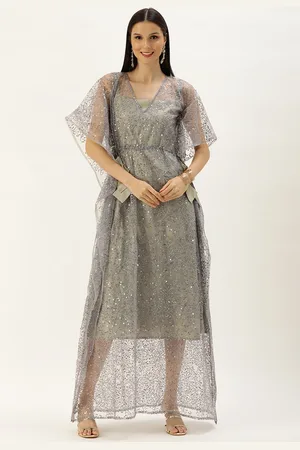 Ethnovog Women Grey Embroidered Sequins Net Kaftan Style Gown
