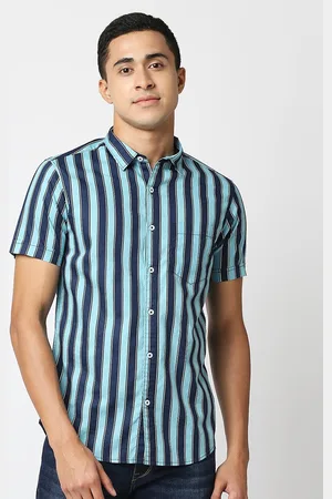 VALEN CLUB Men Navy Blue Slim Fit Striped Cotton Casual Shirt