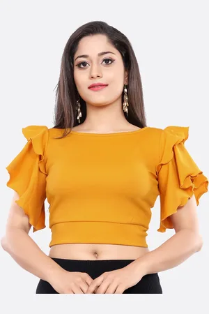 LONDON BELLY Women Mustard Yellow Solid Polyester Crop Top