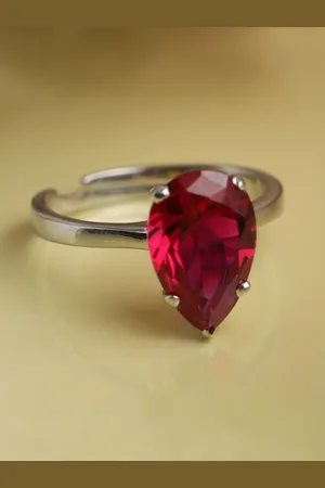 CLARA Women Red & Silver-Toned CZ Studded Rhodium-Plated Adjustable Finger Ring