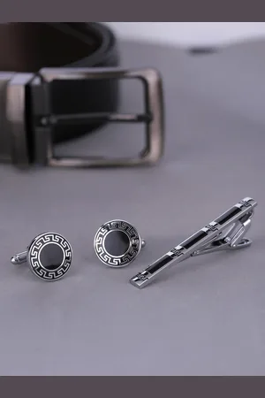 Yellow Chimes Black & Silver-Toned Geometric Tie-Pin and Cufflinks Gift Set