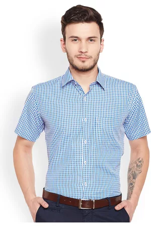 HANCOCK Men Blue & White Slim Fit Checked Formal Shirt