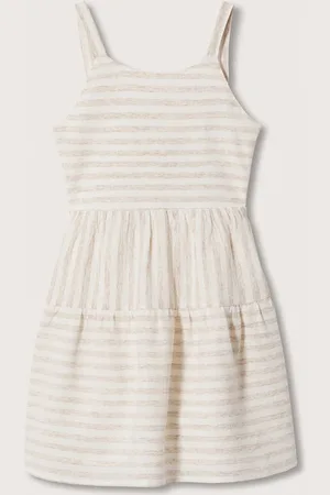 MANGO Girls White & Beige Striped Sustainable Fit & Flare Dress