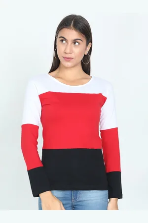 Fleximaa Women Red & White Colourblocked T-shirt