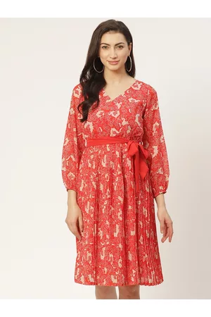 Antheaa Women Coral Red & Off-White Printed Accordion Pleated Wrap Dress With Belt