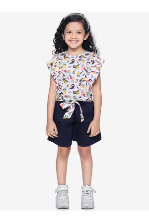 LilPicks Girls White Printed Top with Navy Blue Shorts