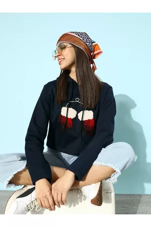 KASSUALLY Women Navy Blue Graphic Cropped Sweatshirt