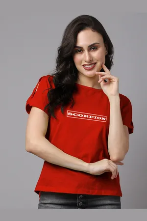 Friskers Women Red & White Cotton Printed Slim Fit T-shirt