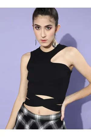 KASSUALLY Women Stylish Black Solid Cropped Top