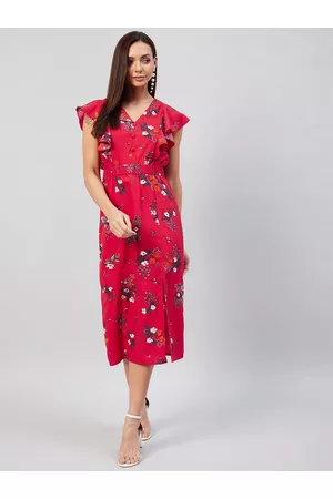 Rare Fashion Red Floral Printed V-Neck Crepe Midi Dress
