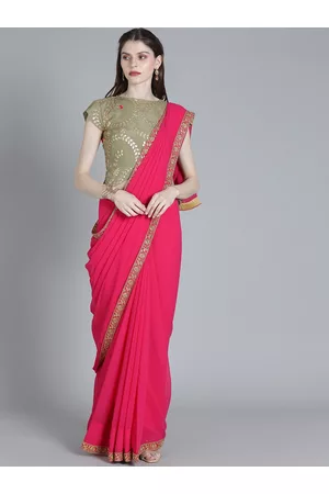 Ethnovog Pink Solid Poly Georgette Saree