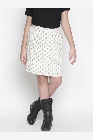 Oxolloxo Girls Beige & Black Floral Printed A-Line Midi-Length Skirt