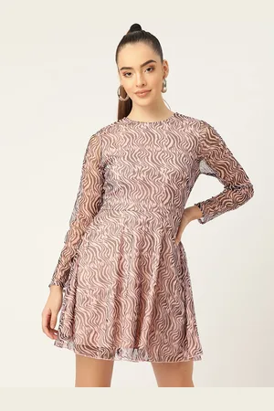 DODO & MOA Women Pink & Black Animal Printed Round Neck Net Fit & Flare Dress