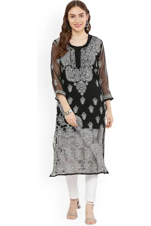 FAWOMENT Women Black Ethnic Motifs Embroidered Chikankari Straight Fit Georgette Kurta