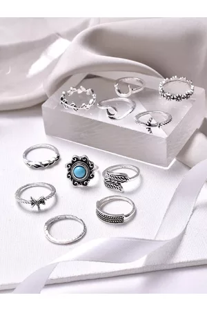 Joker & Witch Silver-Toned Set of 10 Oxidised Ryla Boho Rings
