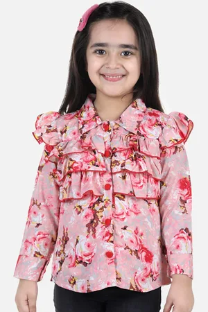 Cutiekins Girls Red Floral Print Ruffles Crepe Shirt Style Top