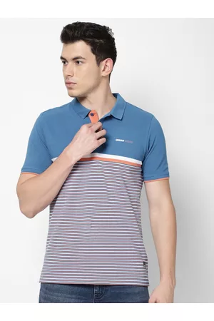 Lee Men Blue & Orange Striped Polo Collar Slim Fit T-shirt