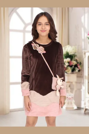 CUTECUMBER Girls Brown & Pink Colourblocked Velvet Sheath Dress