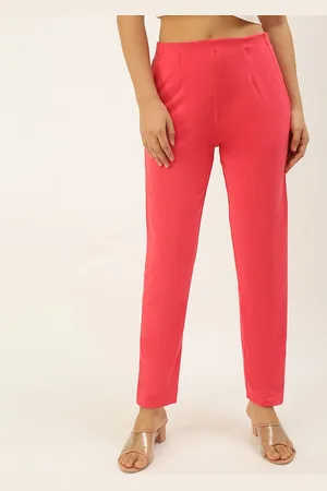 De Moza Women Coral Cotton Pleated Cigarette Trousers