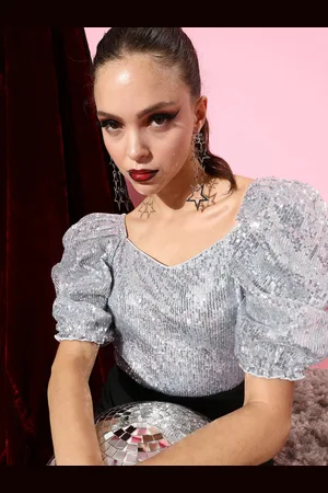 ATHENA Silver-Toned Embellished Sweetheart Neck Top