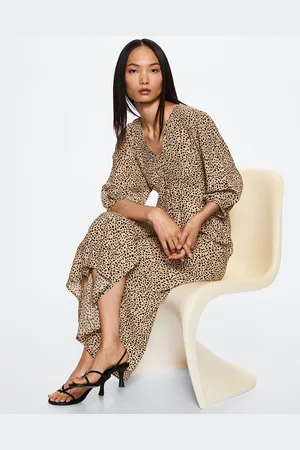 MANGO Beige & Black Printed A-Line Midi Dress