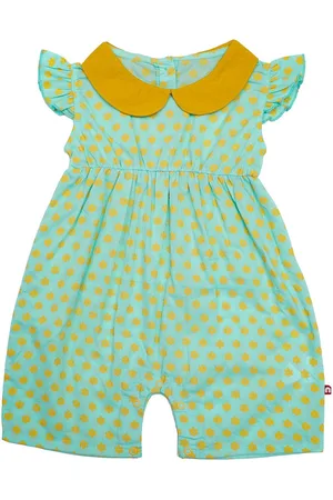 Nino Bambino Girls Green & Yellow Printed Pure Organic Cotton Rompers