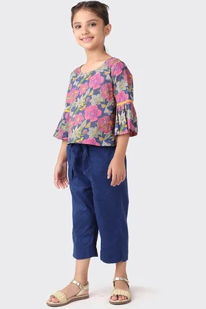 Fabindia Girls Navy Blue & Pink Printed Pure Cotton Top with Trouser Set