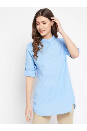 Bitterlime Women Blue Mandarin Collar Tunic