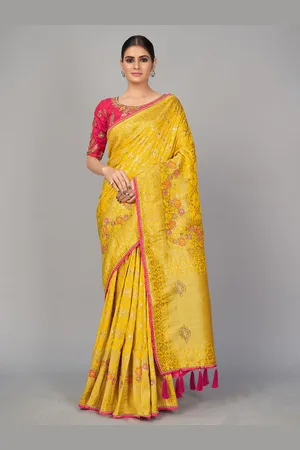 MONJOLIKA FASHION Yellow & Pink Woven Design Zari Silk Blend Banarasi Saree
