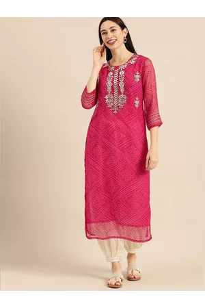Varanga Pink Bandhej Gotta Patti Embroidery Yoke Sequin Straight Kurta