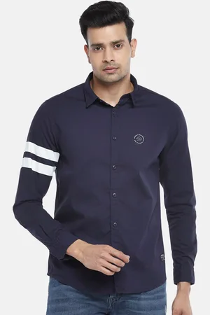PEOPLE Men Navy Blue & White Slim Fit Pure Cotton Casual Shirt