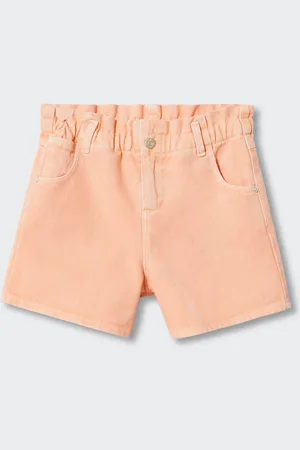 MANGO Girls Peach-Coloured Solid Pure Cotton Sustainable Denim Shorts