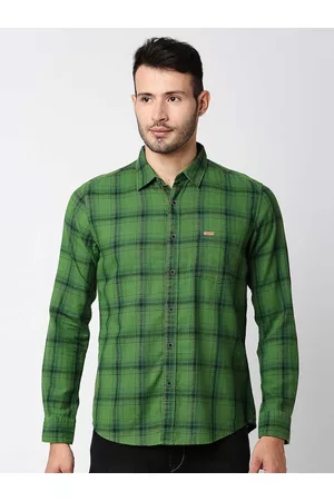 Pepe Jeans Men Green Windowpane Checks Checked Casual Shirt