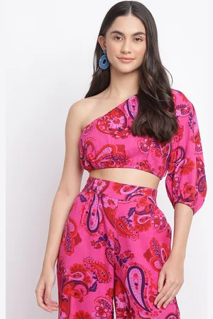 Fabindia Women Pink Print One Shoulder Blouson Crop Top