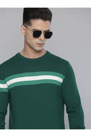 Flying Machine Men Green & White Striped Pure Cotton Pullover