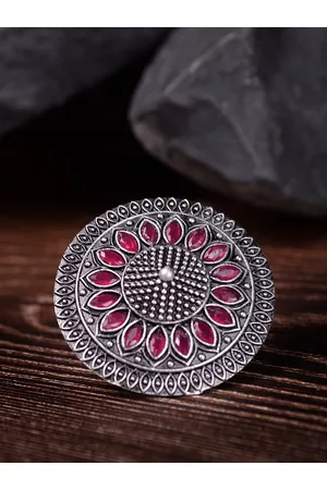 Saraf RS Jewellery Woman Oxidised Silver-Plated Red CZ-Studded Finger Ring
