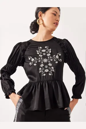 The Label Life Women Black & White Floral Embroidered Satin Peplum Top
