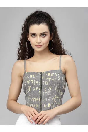 KASSUALLY Women Charcoal Print Sweetheart Neck Crop Top
