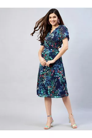Rare Fashion Navy Blue Floral Georgette A-Line Dress