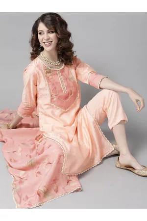 Ishin Women Peach-Coloured & Golden Woven Design Kurta with Trousers & Dupatta